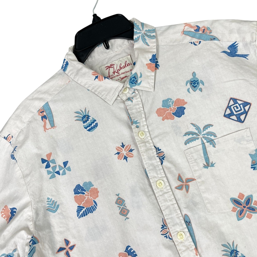Kahala Hawaiian Shirt Mens L Cream Blue John Severson Art Aloha Made Hawaii